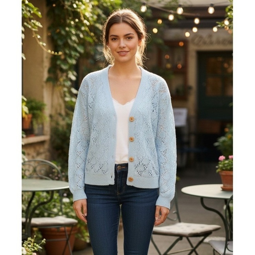 Kindred Spirit Sweater Cardigan Women's L Blue Textured Sheer Crochet Nepal NWOT